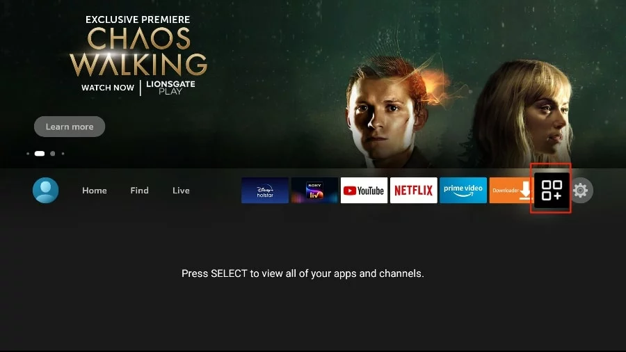 Fire TV home screen with the apps grid icon highlighted