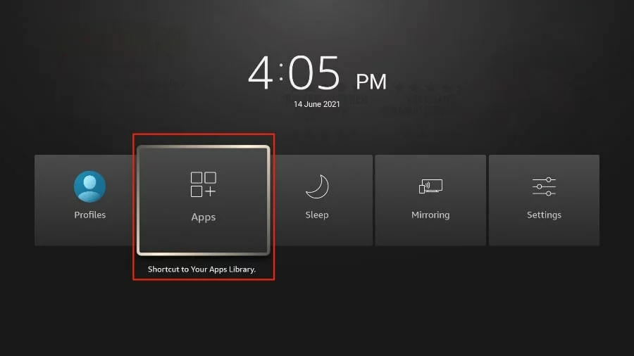 Fire TV quick menu with the Apps shortcut highlighted