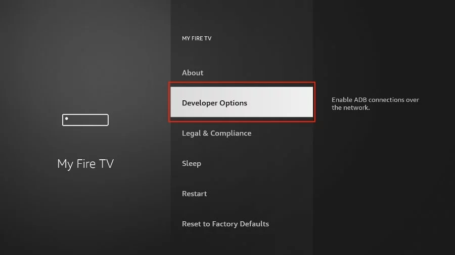 My Fire TV menu showing the Developer Options entry highlighted