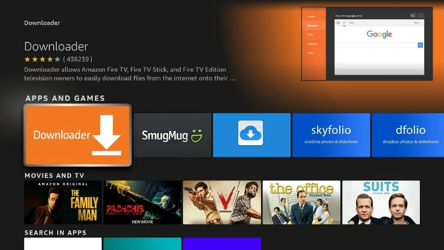 Fire TV app store page for the Downloader utility with the install option highlighted