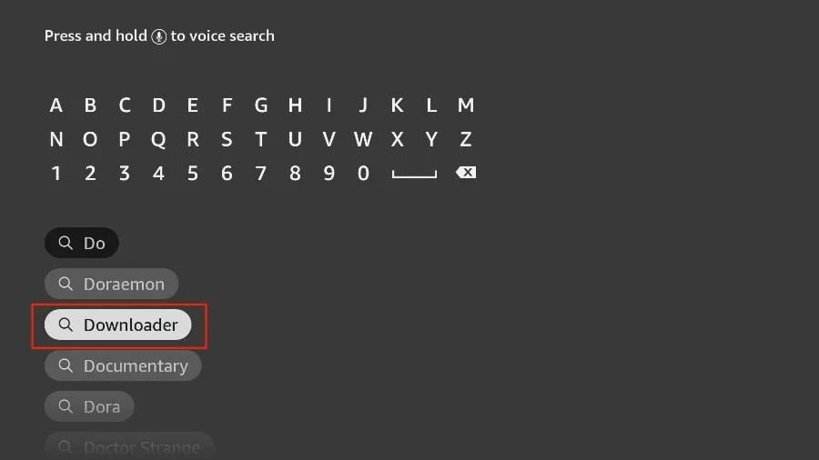 Search suggestion list on Fire TV showing the Downloader entry highlighted