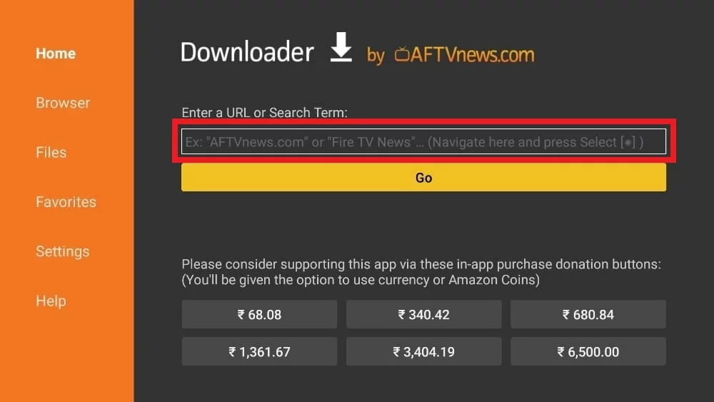 Downloader home screen with the URL entry box highlighted