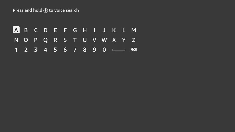 Fire TV on-screen virtual keyboard used for searching the app store