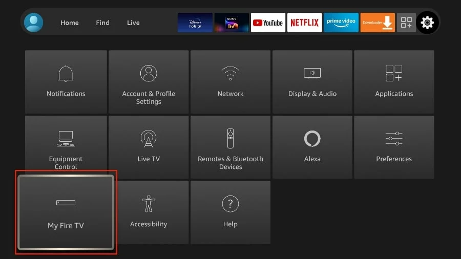 Fire TV settings menu with the My Fire TV tile highlighted