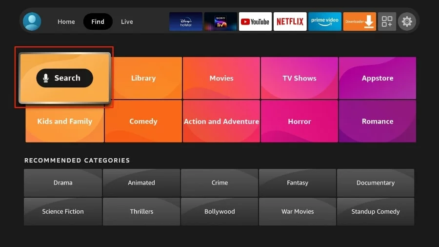 Fire TV Find menu with the Search tile highlighted