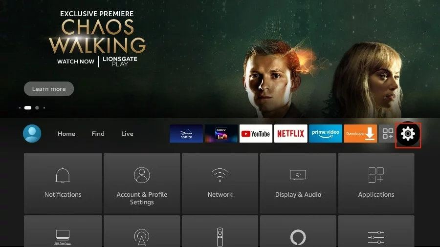 Fire TV home screen with the settings gear icon highlighted