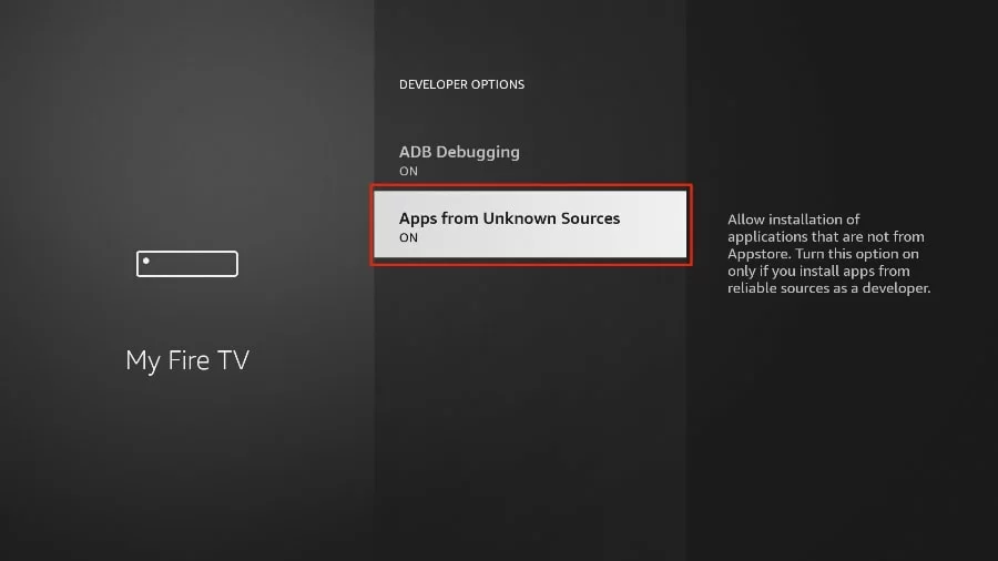 Developer Options screen with Apps from Unknown Sources switched on