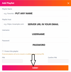 IBO Player add playlist form with name, host, username and password fields
