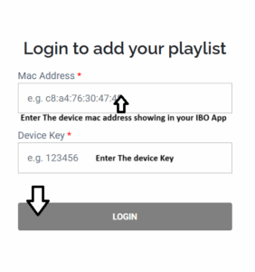 IBO Player login panel showing where the MAC address and device key are entered